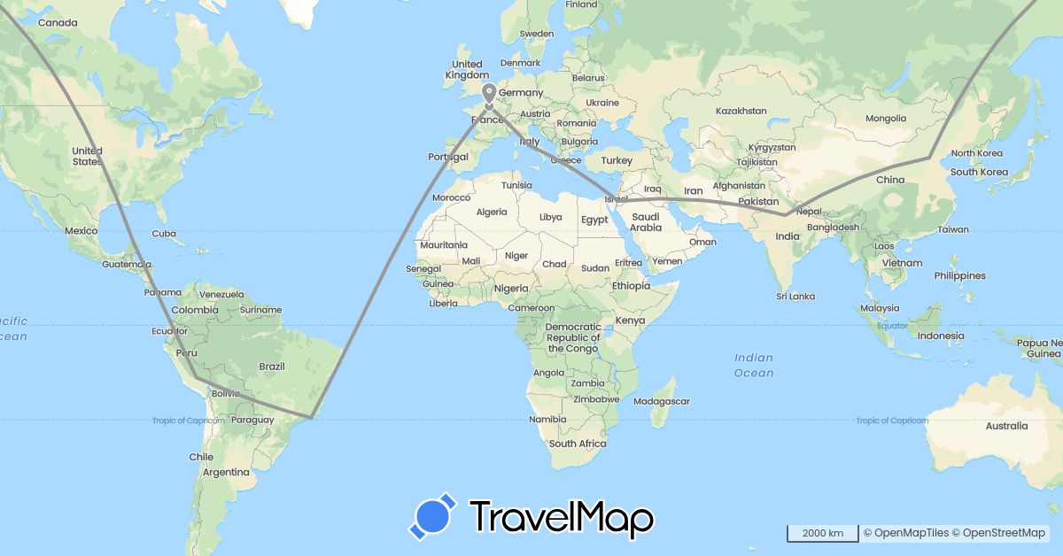 TravelMap itinerary: driving, plane in Brazil, China, France, India, Italy, Jordan, Mexico, Peru (Asia, Europe, North America, South America)